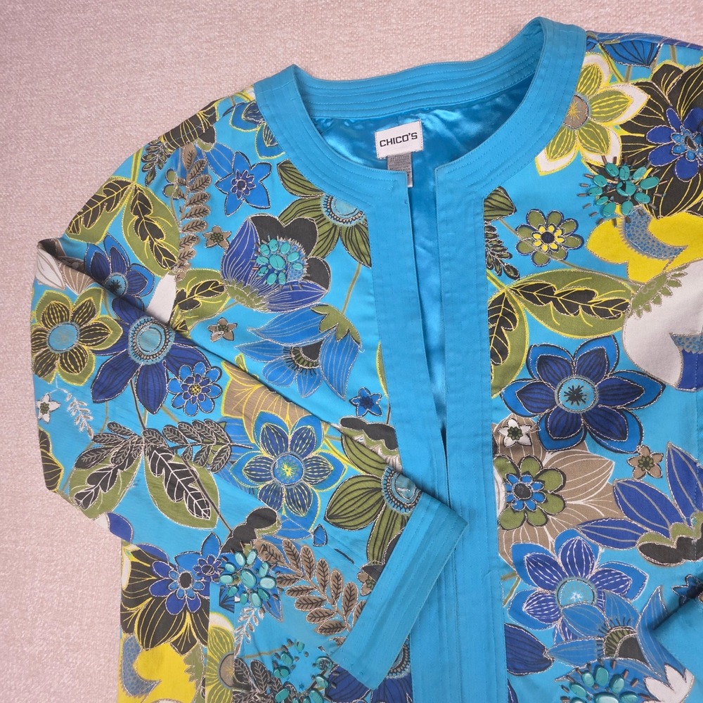 Chicos‎ Floral Embellished Jacket Turquoise Blue Satin Lined Size 1 Medium Large
